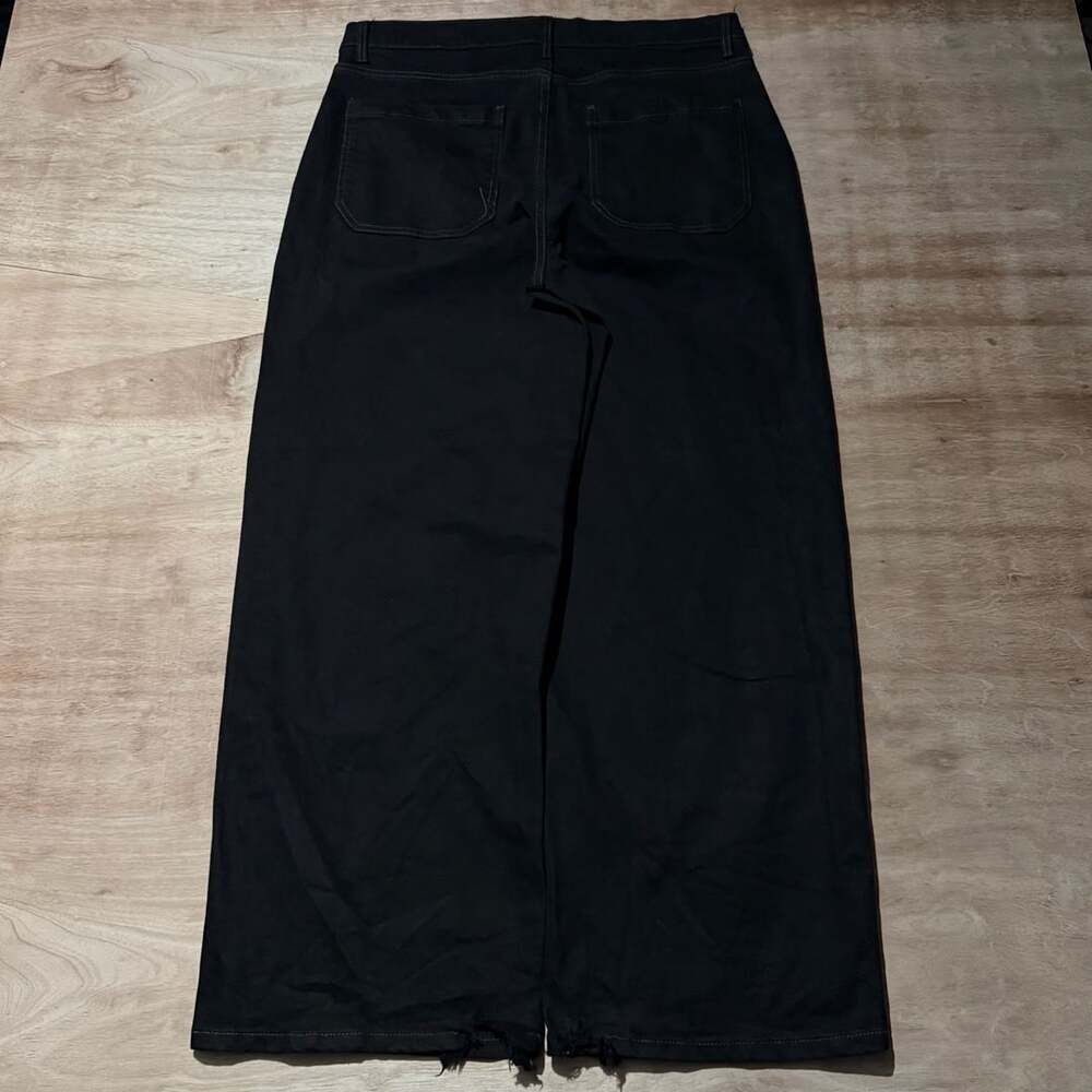 Black Baggy Wide Leg Denim Jeans Distressed Hem Utility Pocket 36x30 - Picture 2 of 5
